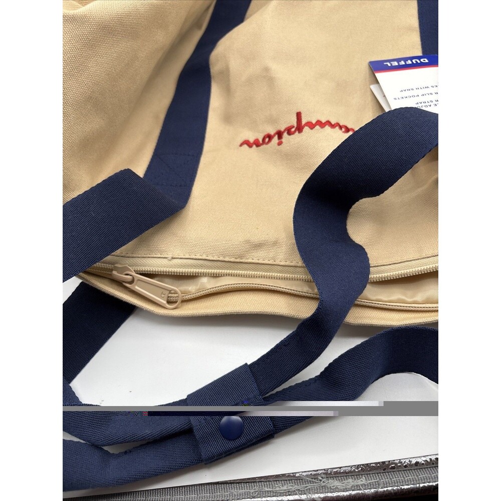 Champion 24" Canvas Duffel Bag Tan Blue Shoulder Strap Sports Gym Travel Men NWT - Picture 11 of 12